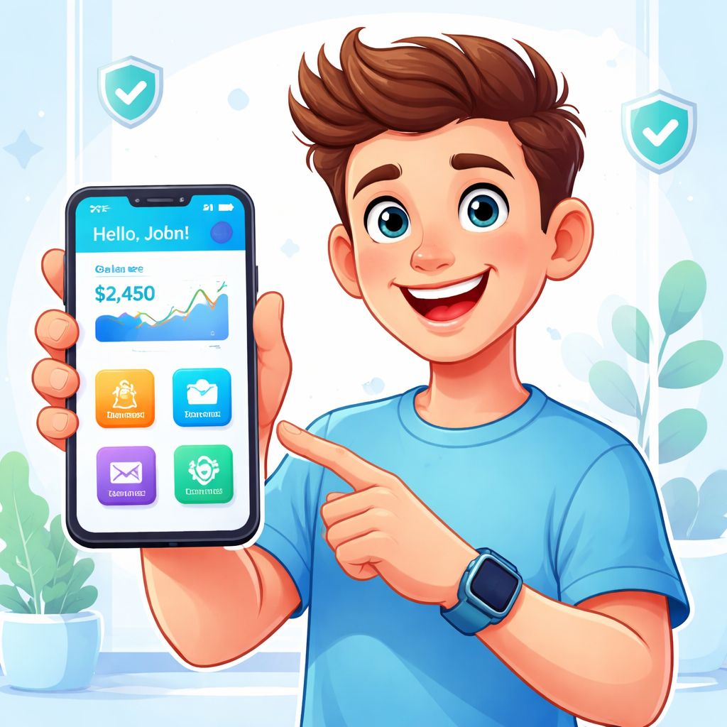 vb8 app themed cartoon character using a smartphone with bright mobile interface elements