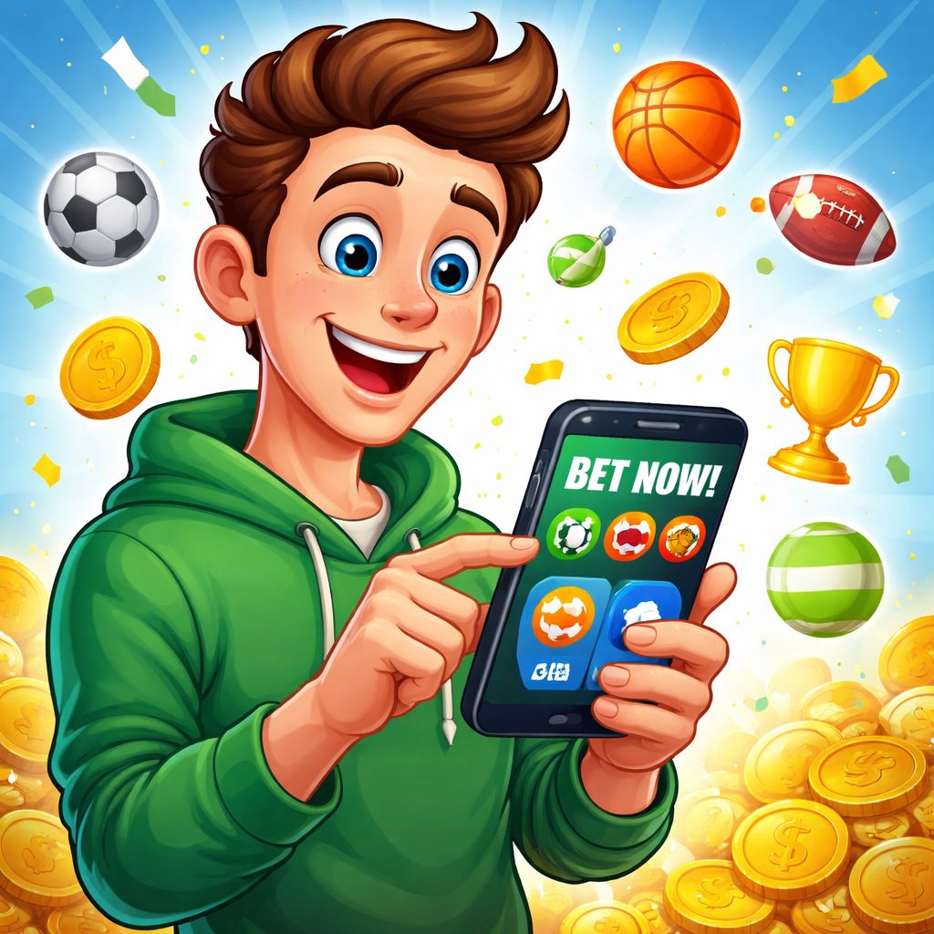 vb8 themed cartoon betting character with mobile phone, coins, and sports icons