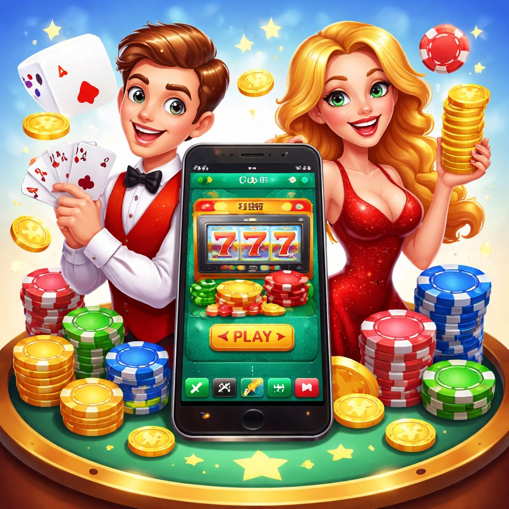 vb8 casino themed cartoon characters with chips, cards, and coins