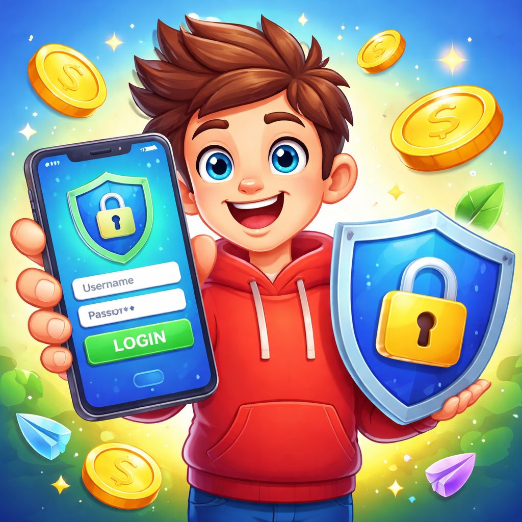 vb8 themed cartoon character using a mobile phone to log in securely